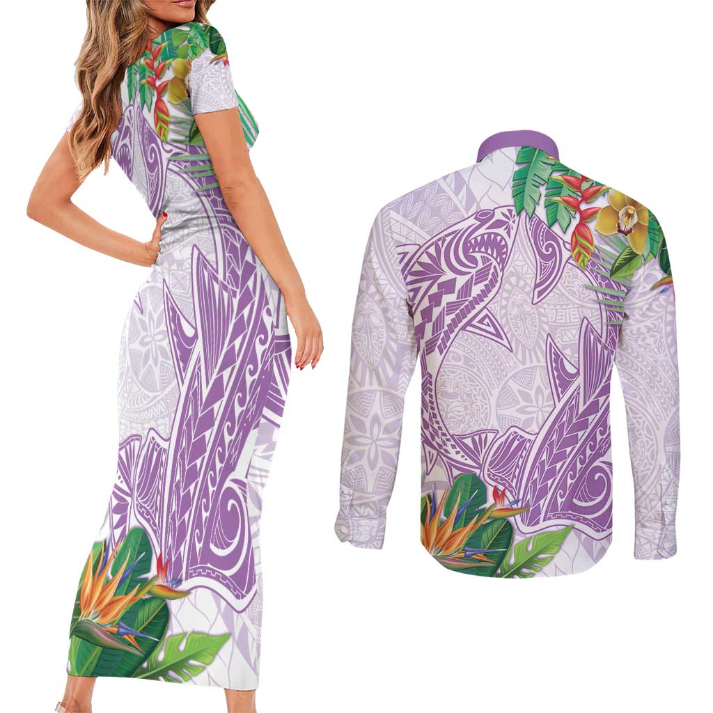 Polynesia Couples Matching Short Sleeve Bodycon Dress and Long Sleeve Button Shirt Sharks Duo Tropical Lavender LT7 - Polynesian Pride