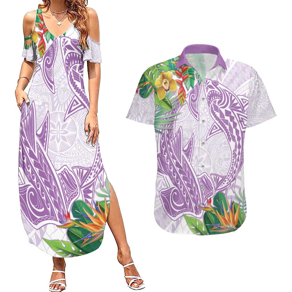 Polynesia Couples Matching Summer Maxi Dress and Hawaiian Shirt Sharks Duo Tropical Lavender LT7 Lavender - Polynesian Pride