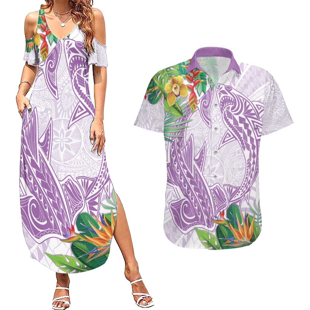 Polynesia Couples Matching Summer Maxi Dress and Hawaiian Shirt Sharks Duo Tropical Lavender