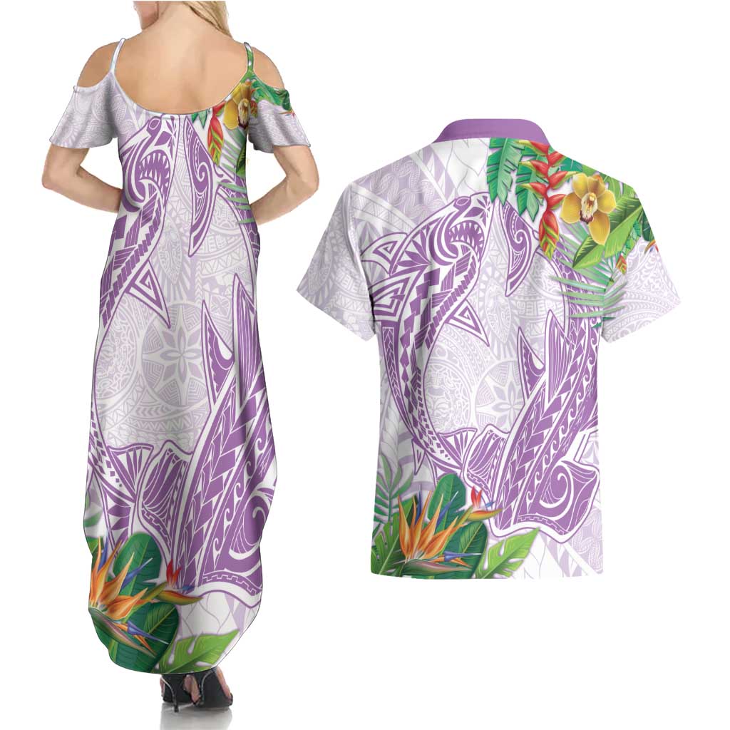 Polynesia Couples Matching Summer Maxi Dress and Hawaiian Shirt Sharks Duo Tropical Lavender LT7 - Polynesian Pride