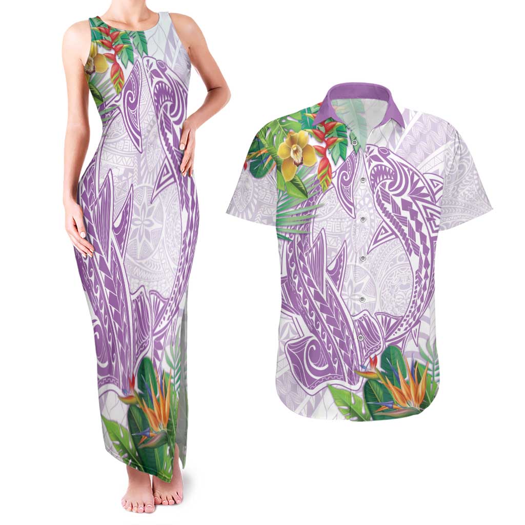 Polynesia Couples Matching Tank Maxi Dress and Hawaiian Shirt Sharks Duo Tropical Lavender LT7 Lavender - Polynesian Pride