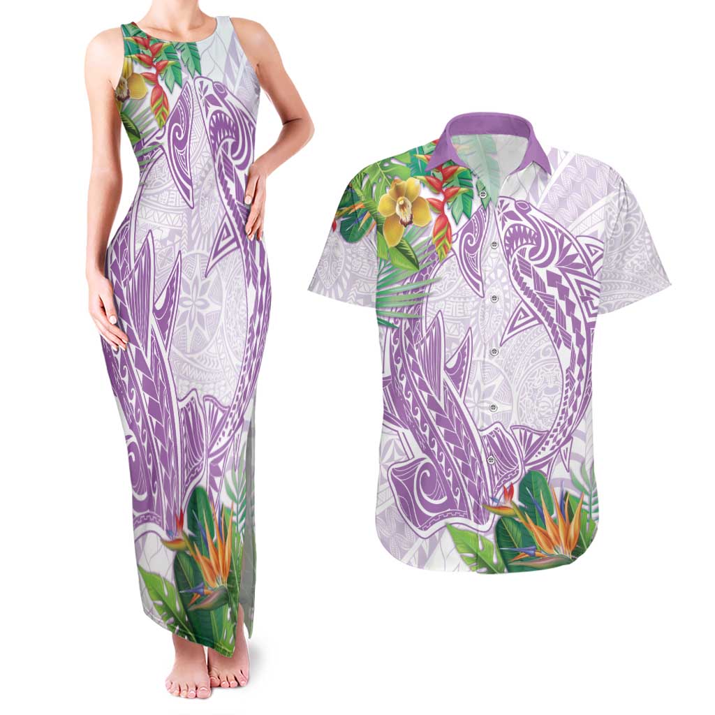 Polynesia Couples Matching Tank Maxi Dress and Hawaiian Shirt Sharks Duo Tropical Lavender