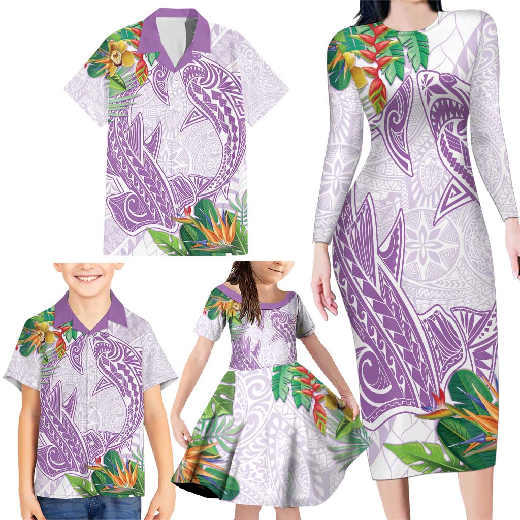 Polynesia Family Matching Long Sleeve Bodycon Dress and Hawaiian Shirt Sharks Duo Tropical Lavender