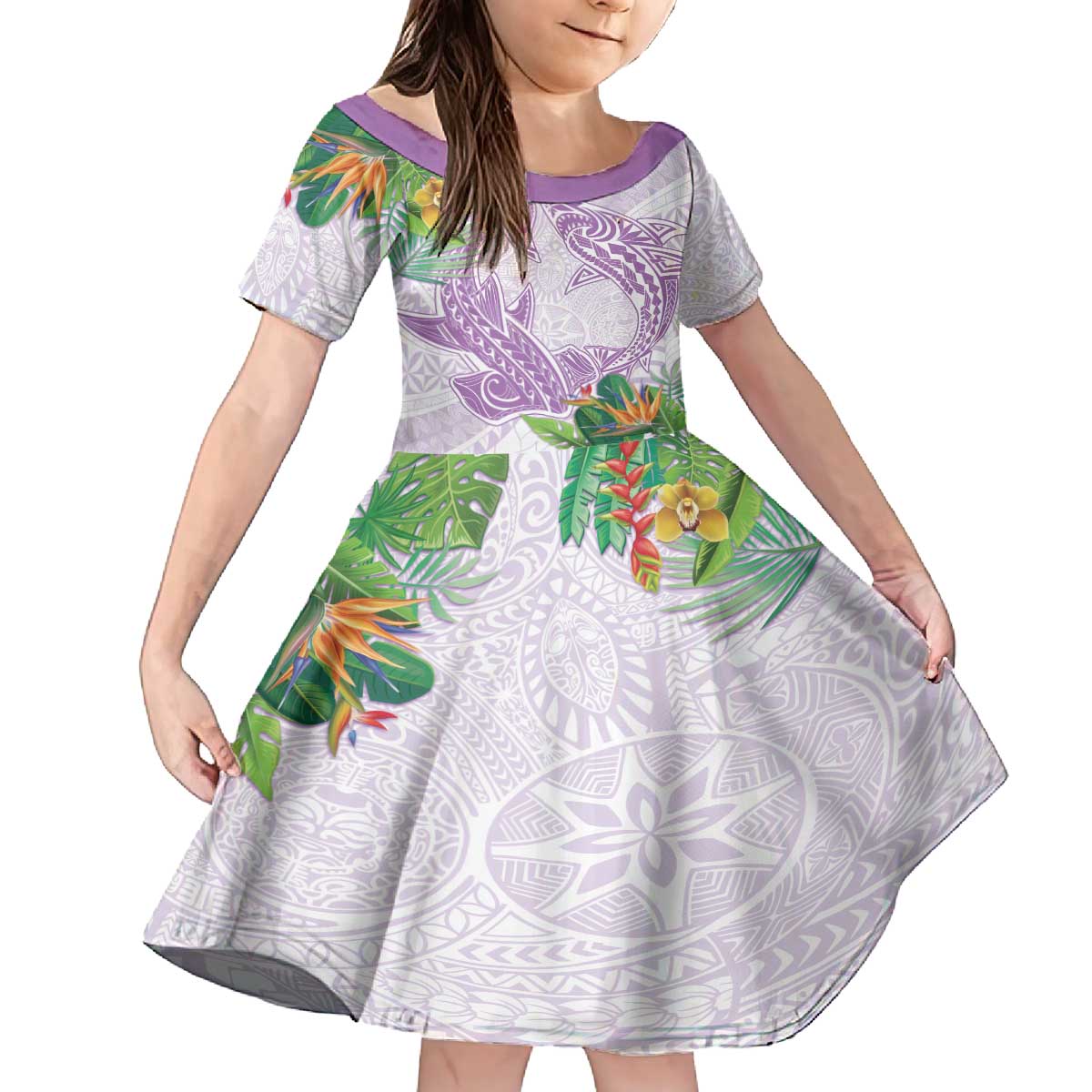 Polynesia Family Matching Off The Shoulder Long Sleeve Dress and Hawaiian Shirt Sharks Duo Tropical Lavender LT7 Daughter's Dress Lavender - Polynesian Pride