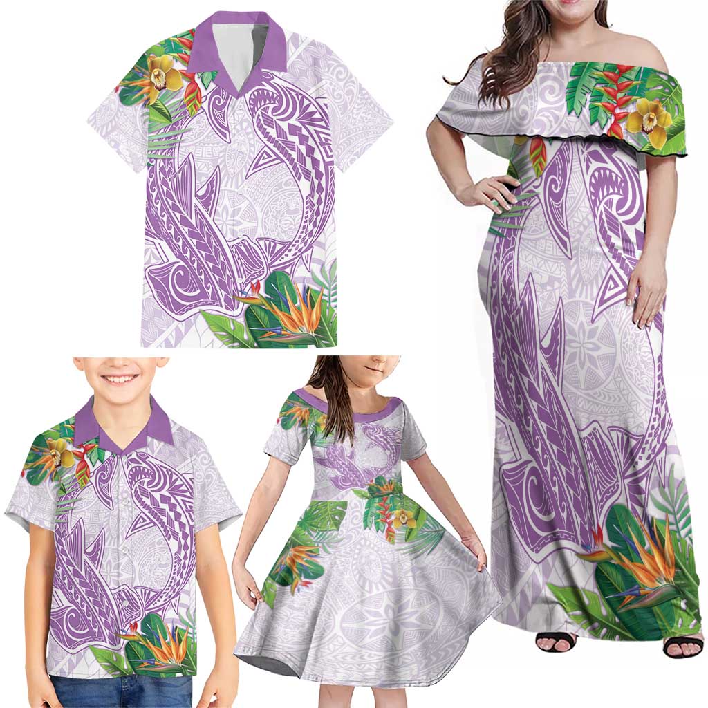 Polynesia Family Matching Off Shoulder Maxi Dress and Hawaiian Shirt Sharks Duo Tropical Lavender LT7 - Polynesian Pride