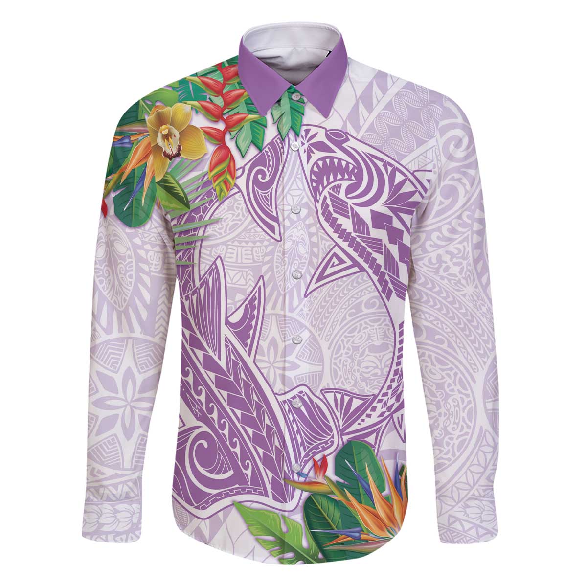 Polynesia Family Matching Puletasi and Hawaiian Shirt Sharks Duo Tropical Lavender LT7 Dad's Shirt - Long Sleeve Lavender - Polynesian Pride