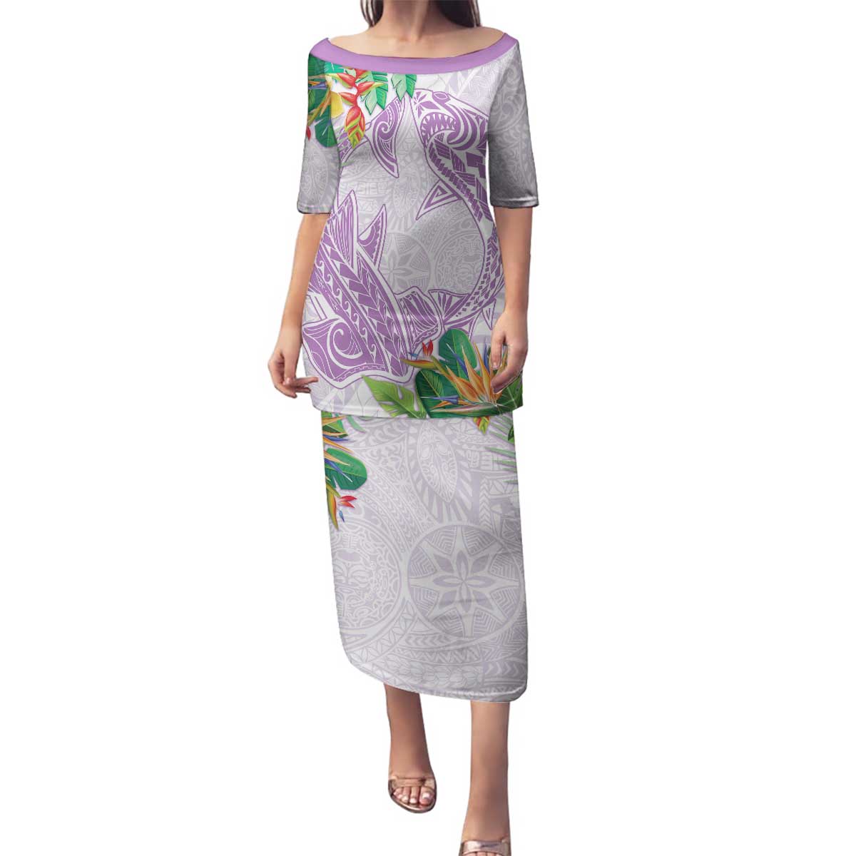 Polynesia Family Matching Puletasi and Hawaiian Shirt Sharks Duo Tropical Lavender LT7 Mom's Dress Lavender - Polynesian Pride