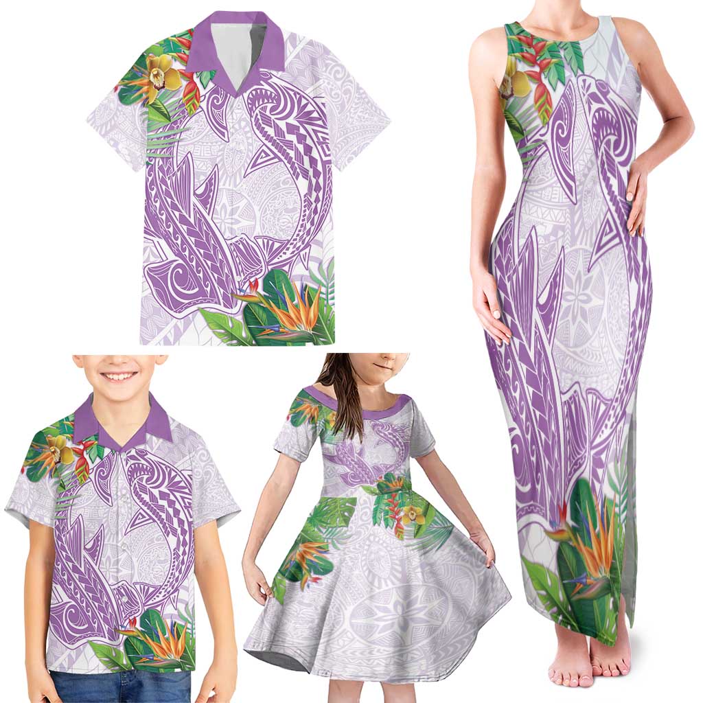 Polynesia Family Matching Tank Maxi Dress and Hawaiian Shirt Sharks Duo Tropical Lavender