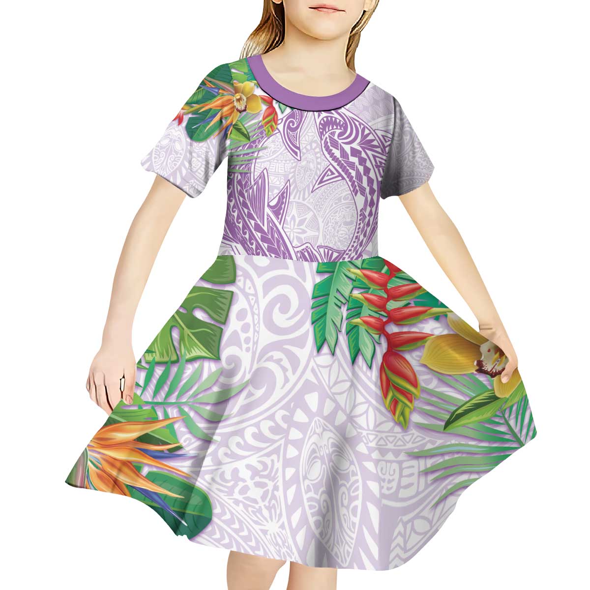 Polynesia Kid Short Sleeve Dress Sharks Duo Tropical Lavender