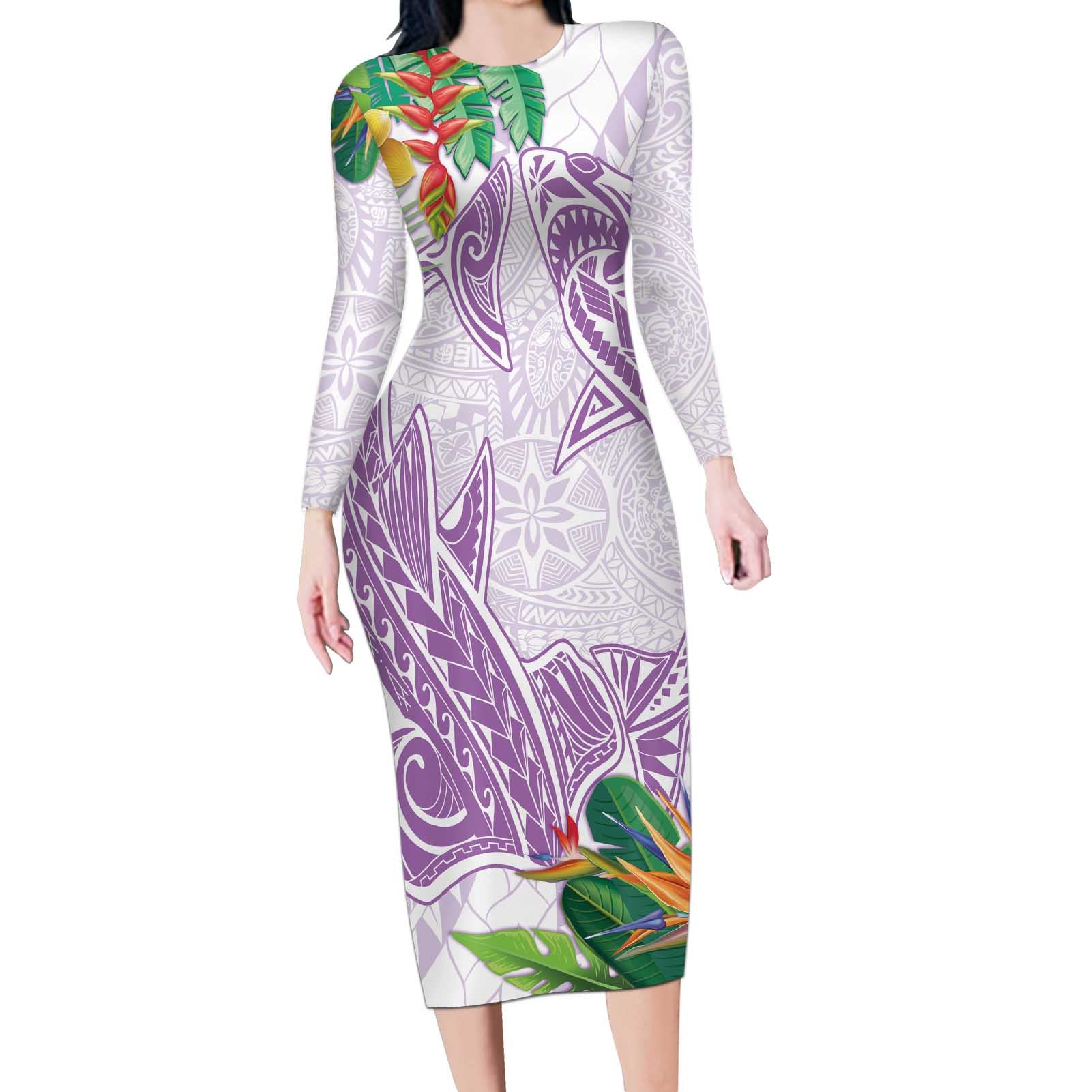 Polynesia Long Sleeve Bodycon Dress Sharks Duo Tropical Lavender