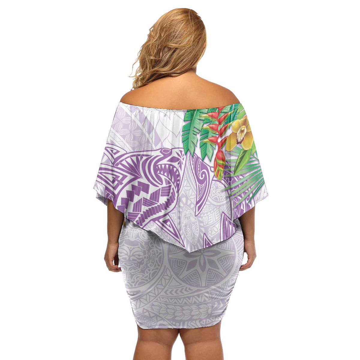 Polynesia Off Shoulder Short Dress Sharks Duo Tropical Lavender LT7 - Polynesian Pride