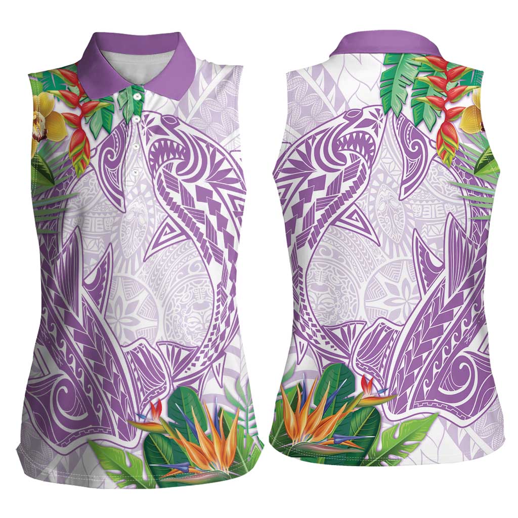 Polynesia Women Sleeveless Polo Shirt Sharks Duo Tropical Lavender LT7 - Polynesian Pride