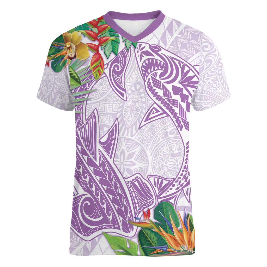 Polynesia Women V-Neck T-Shirt Sharks Duo Tropical Lavender