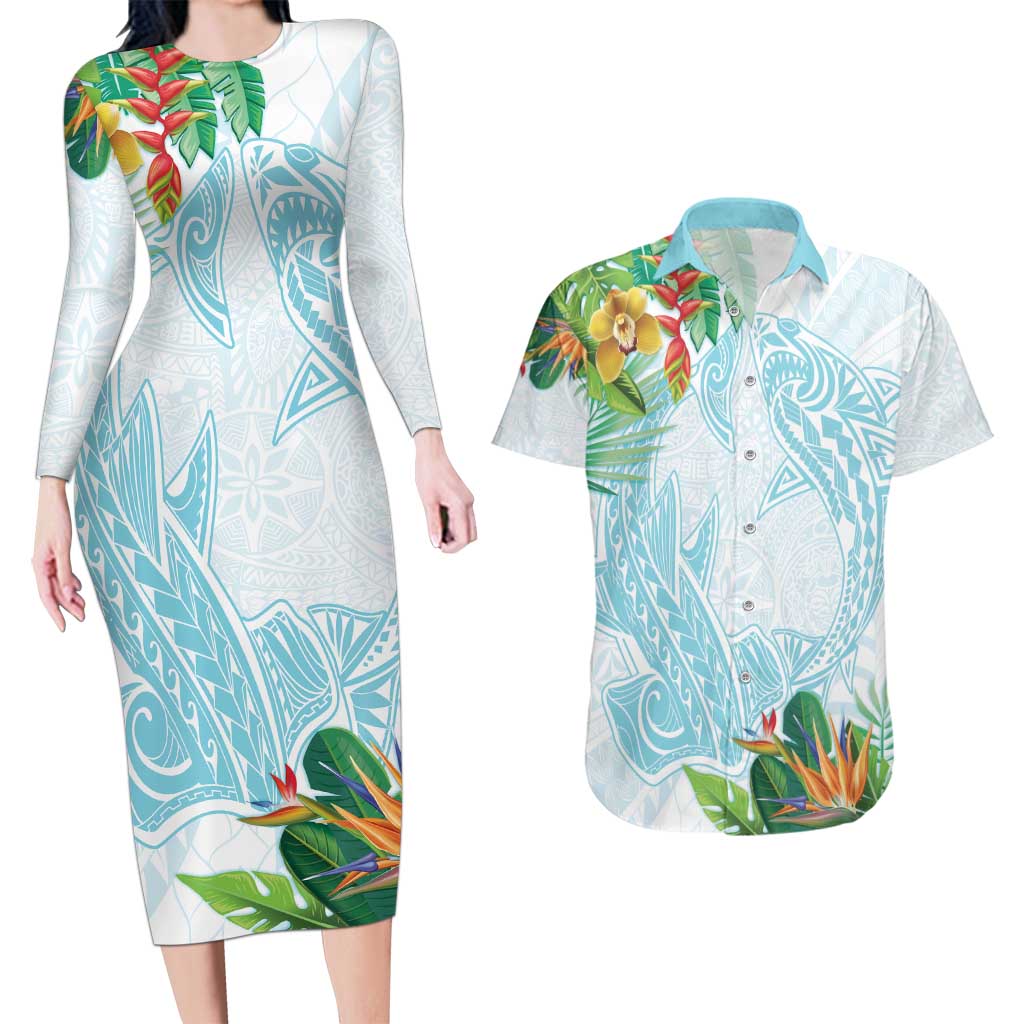 Polynesia Couples Matching Long Sleeve Bodycon Dress and Hawaiian Shirt Sharks Duo Tropical Turquoise