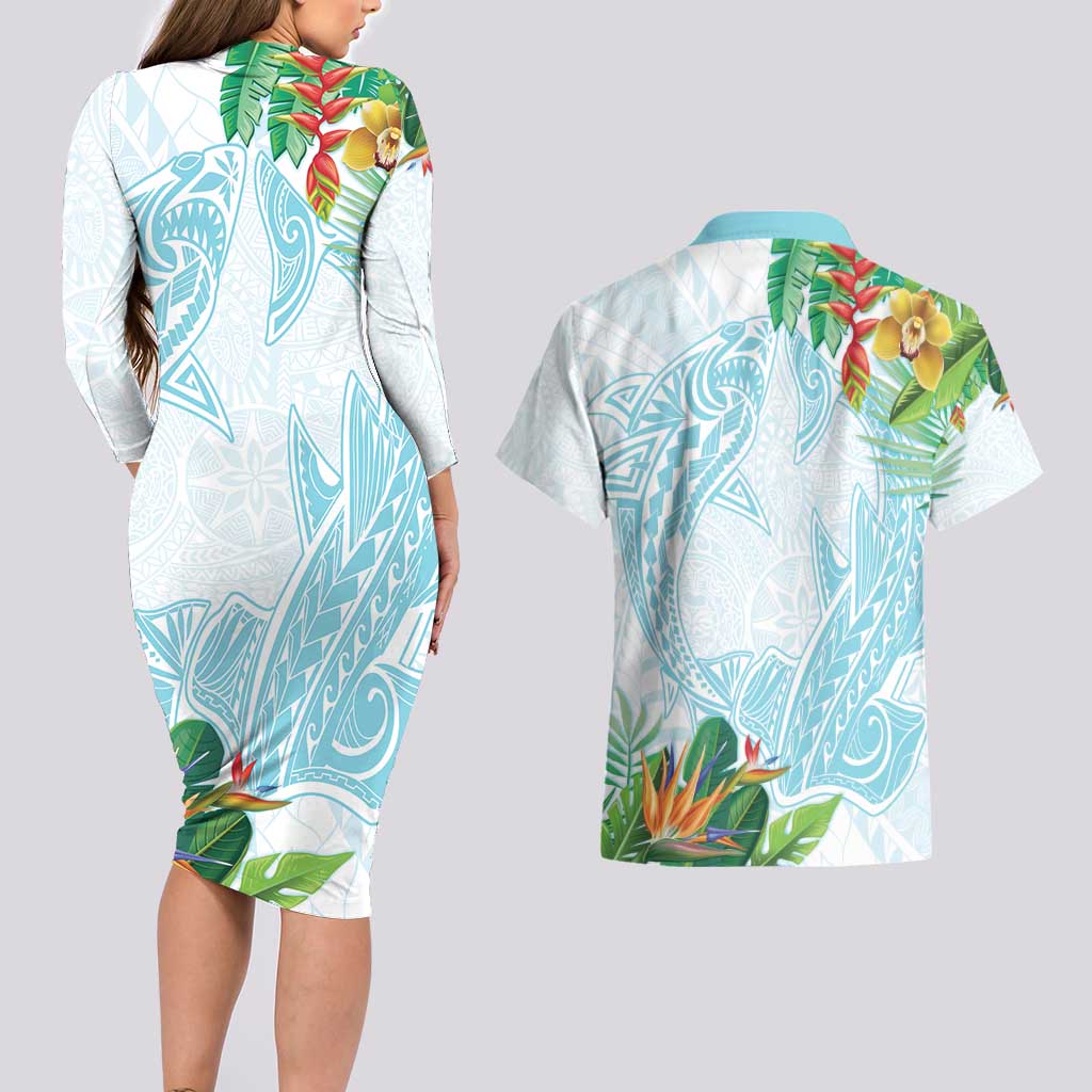 Polynesia Couples Matching Long Sleeve Bodycon Dress and Hawaiian Shirt Sharks Duo Tropical Turquoise LT7 - Polynesian Pride
