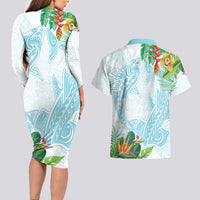 Polynesia Couples Matching Long Sleeve Bodycon Dress and Hawaiian Shirt Sharks Duo Tropical Turquoise LT7 - Polynesian Pride