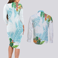 Polynesia Couples Matching Long Sleeve Bodycon Dress and Long Sleeve Button Shirt Sharks Duo Tropical Turquoise LT7 - Polynesian Pride