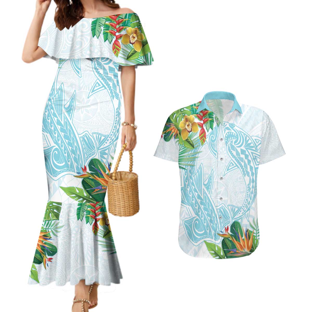 Polynesia Couples Matching Mermaid Dress and Hawaiian Shirt Sharks Duo Tropical Turquoise