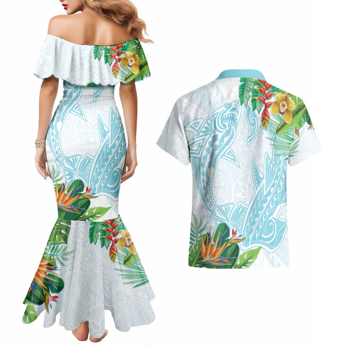 Polynesia Couples Matching Mermaid Dress and Hawaiian Shirt Sharks Duo Tropical Turquoise