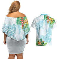Polynesia Couples Matching Off Shoulder Short Dress and Hawaiian Shirt Sharks Duo Tropical Turquoise LT7 - Polynesian Pride