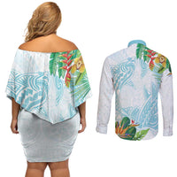 Polynesia Couples Matching Off Shoulder Short Dress and Long Sleeve Button Shirt Sharks Duo Tropical Turquoise LT7 - Polynesian Pride