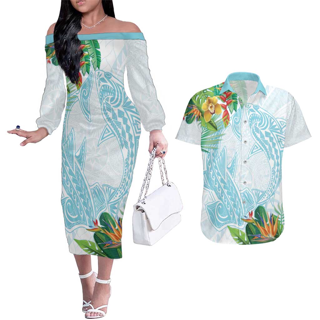 Polynesia Couples Matching Off The Shoulder Long Sleeve Dress and Hawaiian Shirt Sharks Duo Tropical Turquoise