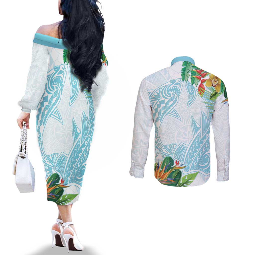 Polynesia Couples Matching Off The Shoulder Long Sleeve Dress and Long Sleeve Button Shirt Sharks Duo Tropical Turquoise LT7 - Polynesian Pride