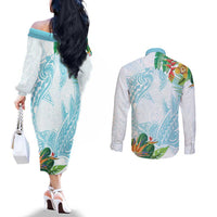 Polynesia Couples Matching Off The Shoulder Long Sleeve Dress and Long Sleeve Button Shirt Sharks Duo Tropical Turquoise LT7 - Polynesian Pride
