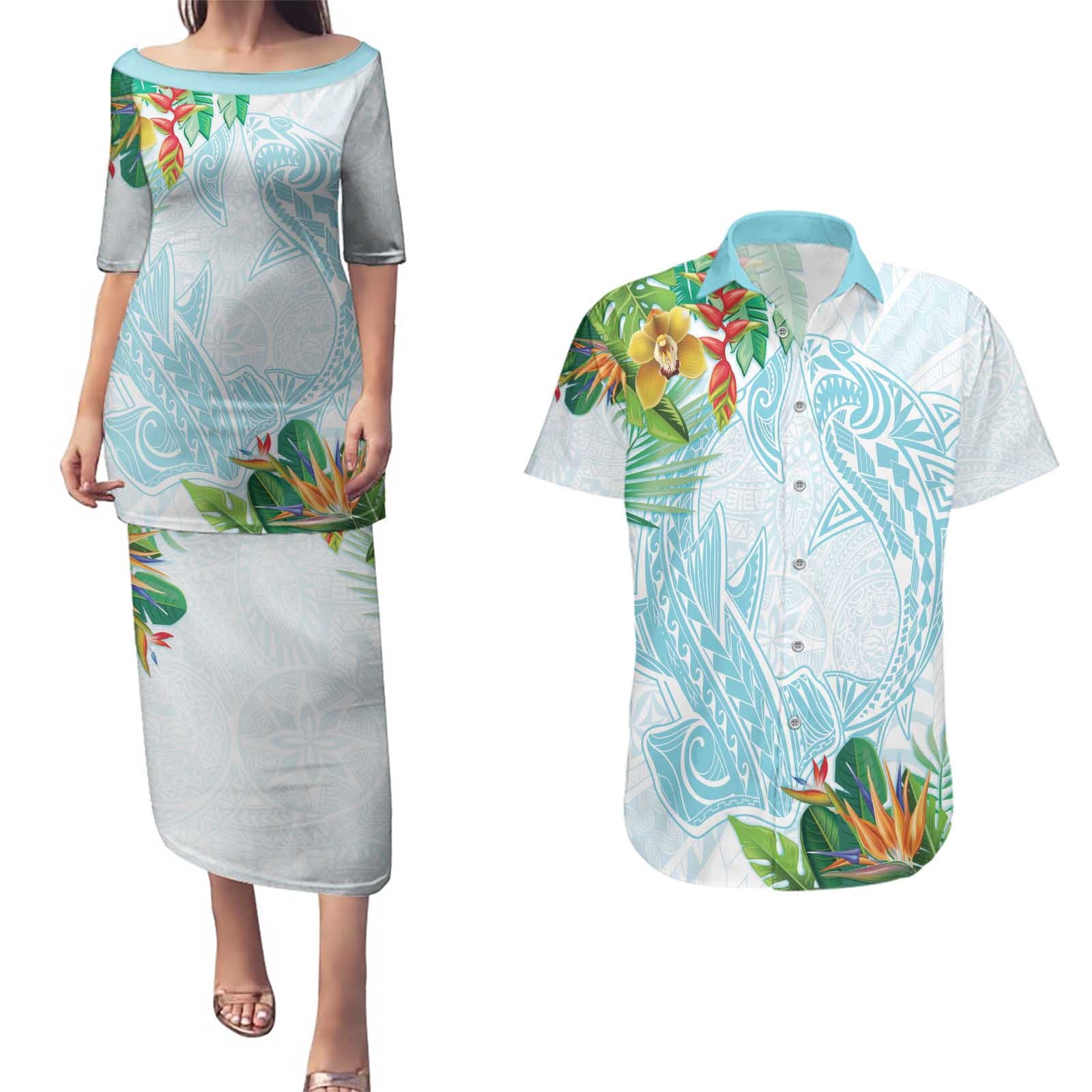 Polynesia Couples Matching Puletasi and Hawaiian Shirt Sharks Duo Tropical Turquoise LT7 Turquoise - Polynesian Pride