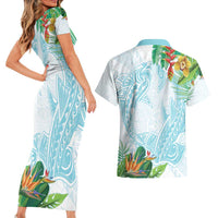Polynesia Couples Matching Short Sleeve Bodycon Dress and Hawaiian Shirt Sharks Duo Tropical Turquoise LT7 - Polynesian Pride
