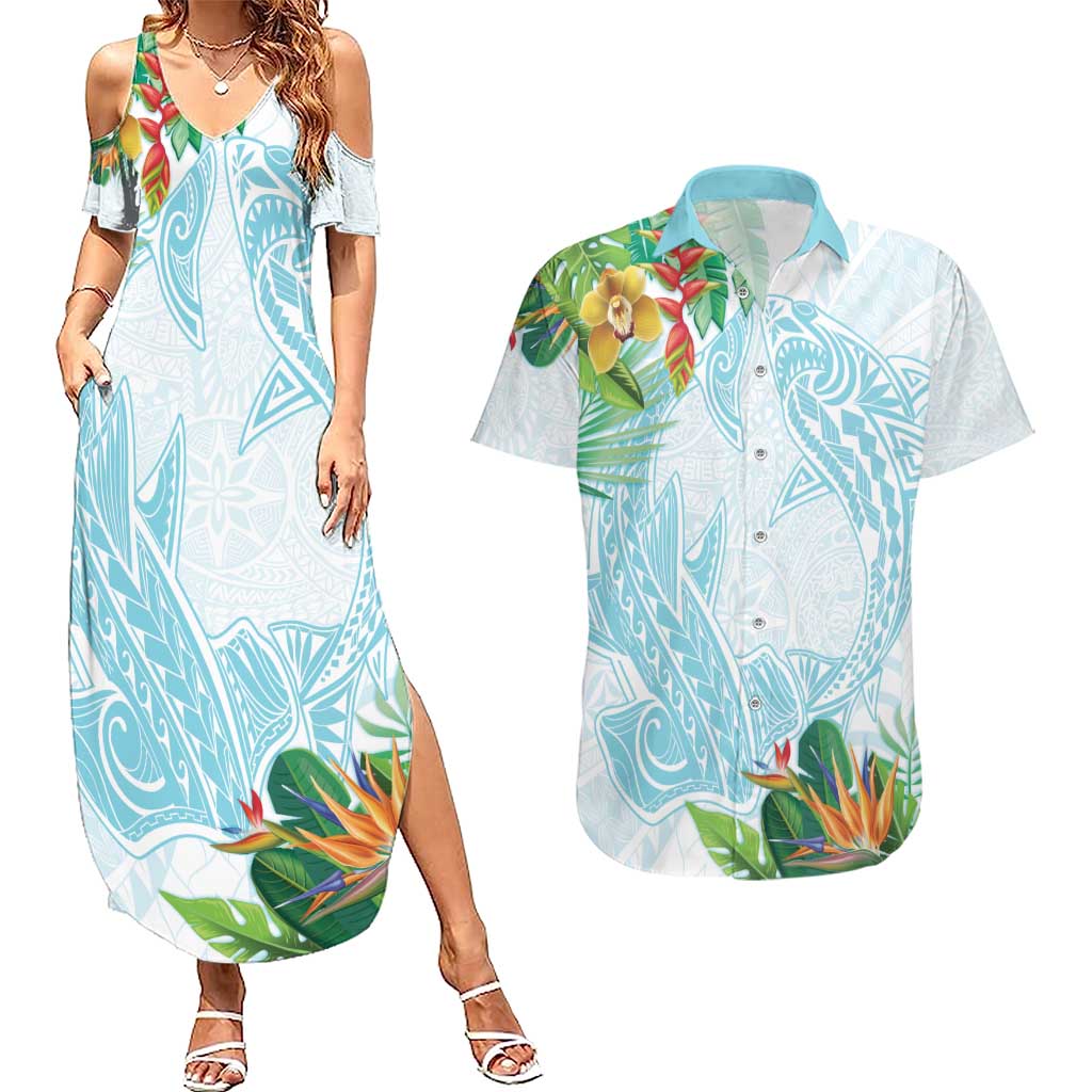 Polynesia Couples Matching Summer Maxi Dress and Hawaiian Shirt Sharks Duo Tropical Turquoise