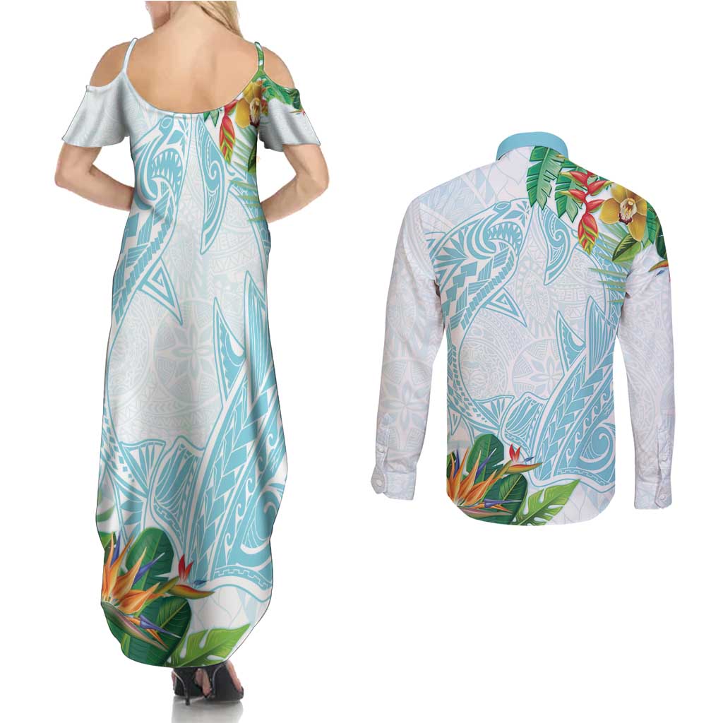 Polynesia Couples Matching Summer Maxi Dress and Long Sleeve Button Shirt Sharks Duo Tropical Turquoise LT7 - Polynesian Pride