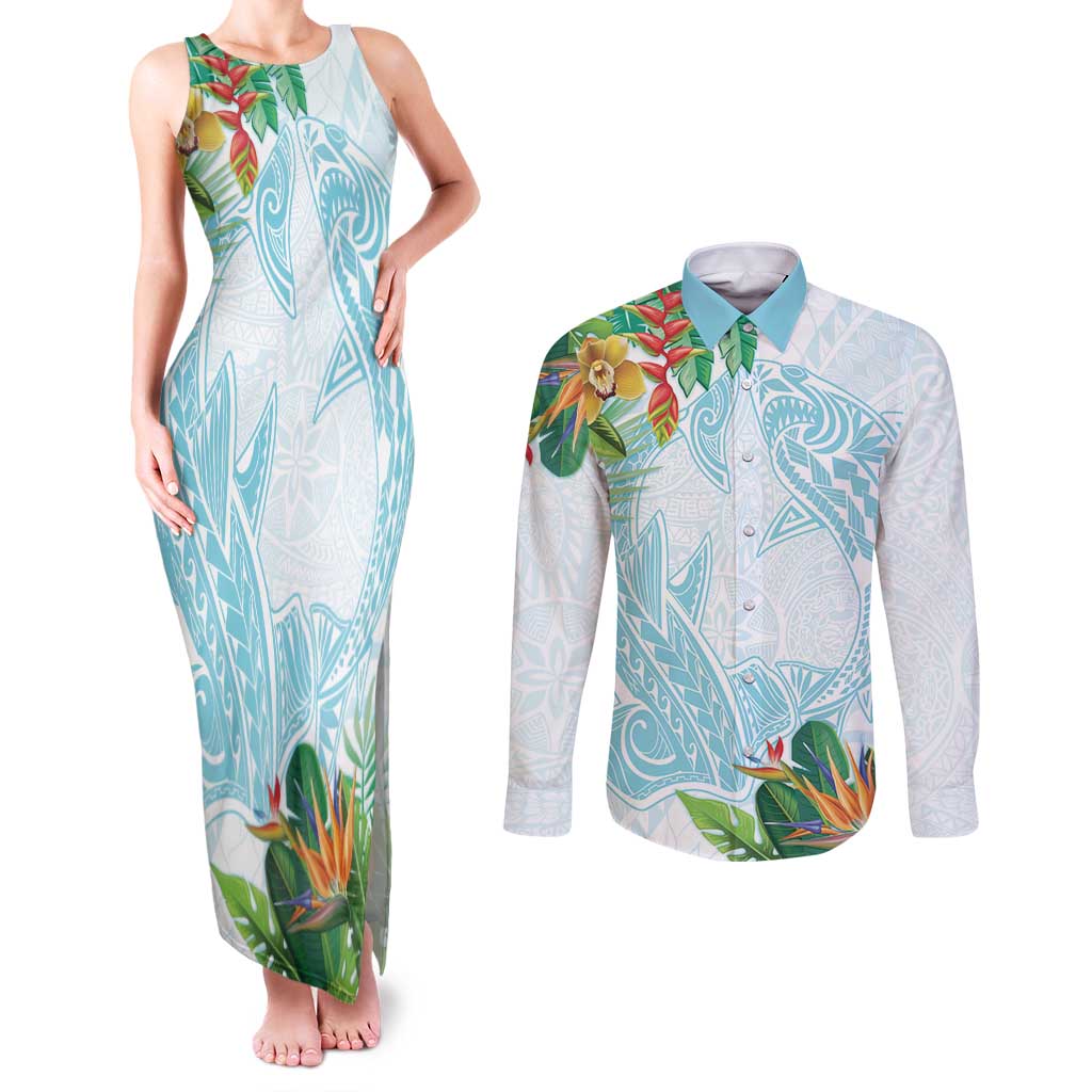 Polynesia Couples Matching Tank Maxi Dress and Long Sleeve Button Shirt Sharks Duo Tropical Turquoise LT7 Turquoise - Polynesian Pride