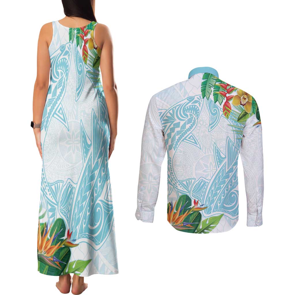 Polynesia Couples Matching Tank Maxi Dress and Long Sleeve Button Shirt Sharks Duo Tropical Turquoise LT7 - Polynesian Pride