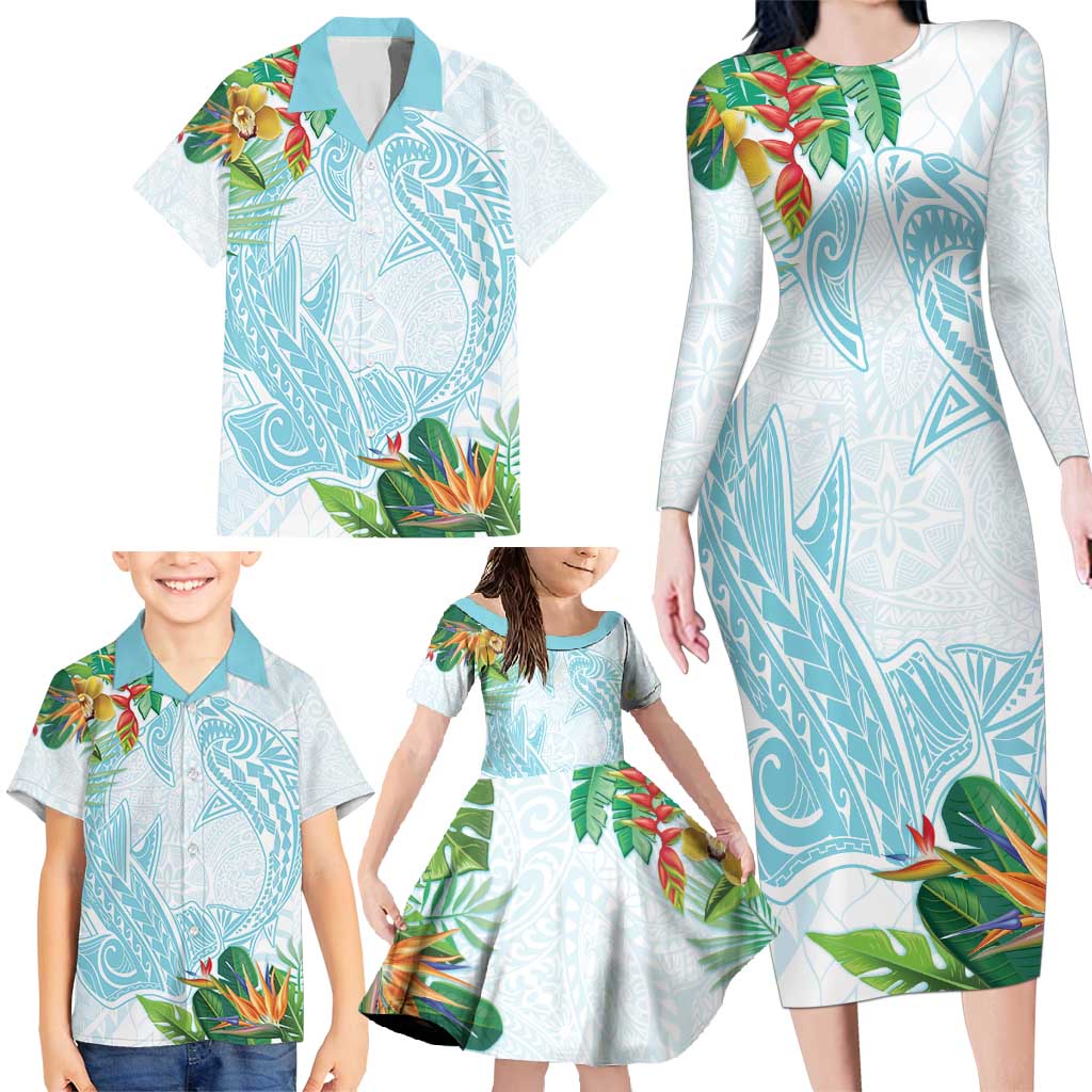 Polynesia Family Matching Long Sleeve Bodycon Dress and Hawaiian Shirt Sharks Duo Tropical Turquoise