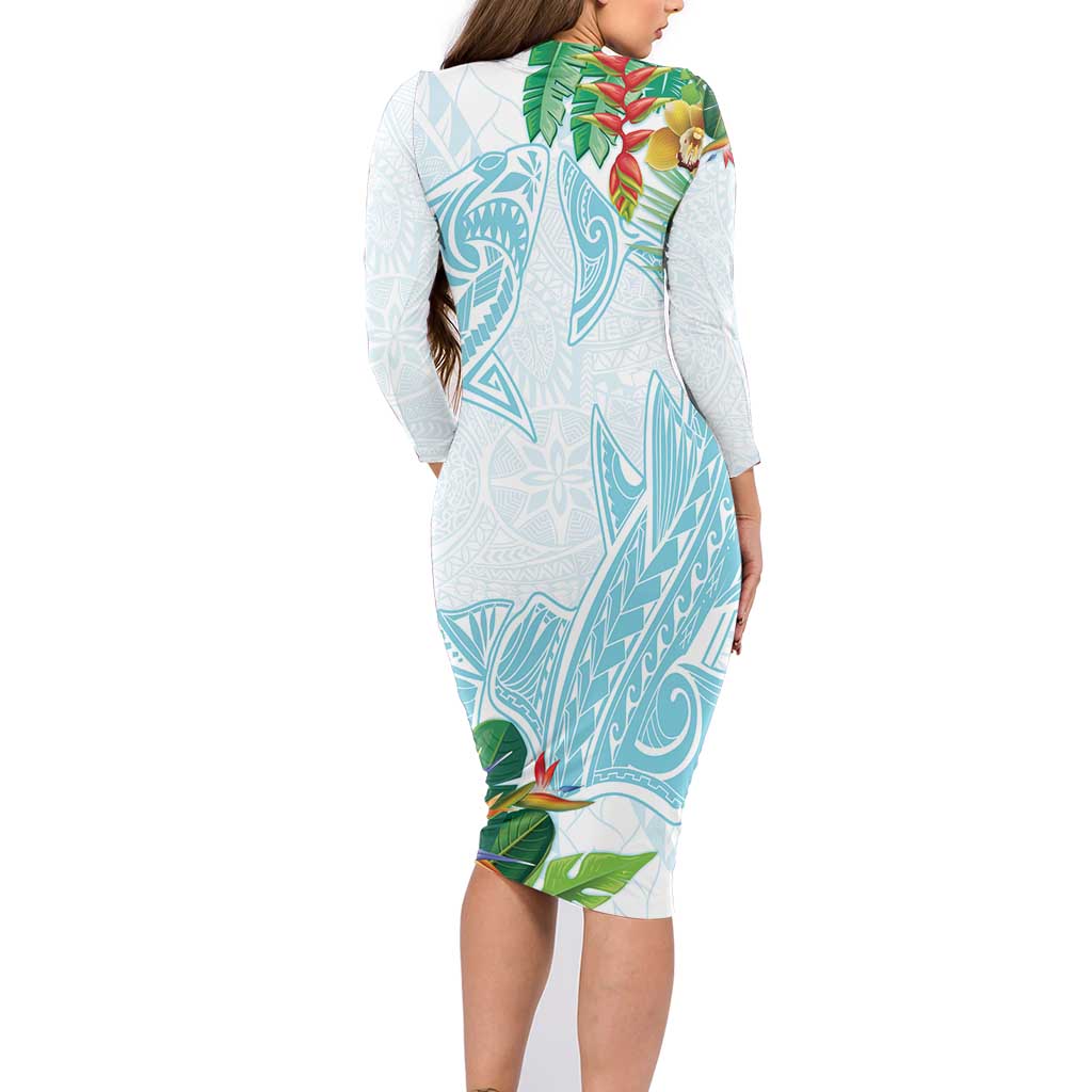 Polynesia Family Matching Long Sleeve Bodycon Dress and Hawaiian Shirt Sharks Duo Tropical Turquoise LT7 - Polynesian Pride
