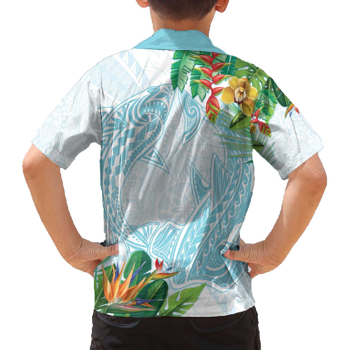 Polynesia Family Matching Off Shoulder Short Dress and Hawaiian Shirt Sharks Duo Tropical Turquoise LT7 - Polynesian Pride