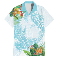 Polynesia Family Matching Off Shoulder Short Dress and Hawaiian Shirt Sharks Duo Tropical Turquoise LT7 Dad's Shirt - Short Sleeve Turquoise - Polynesian Pride