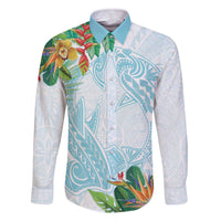 Polynesia Family Matching Off Shoulder Short Dress and Hawaiian Shirt Sharks Duo Tropical Turquoise LT7 Dad's Shirt - Long Sleeve Turquoise - Polynesian Pride