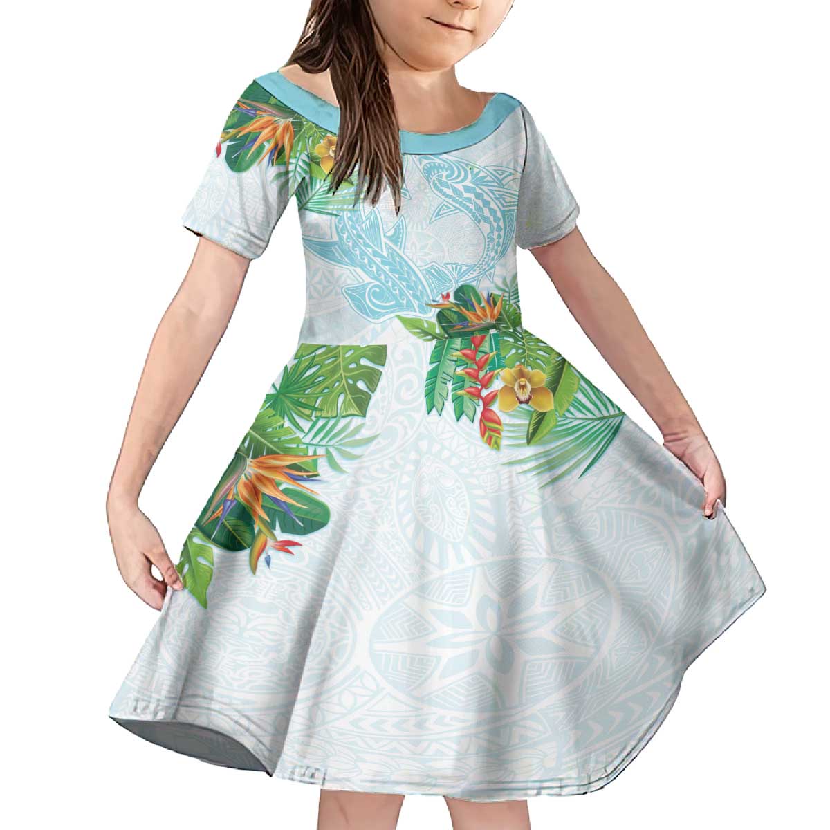 Polynesia Family Matching Puletasi and Hawaiian Shirt Sharks Duo Tropical Turquoise LT7 Daughter's Dress Turquoise - Polynesian Pride
