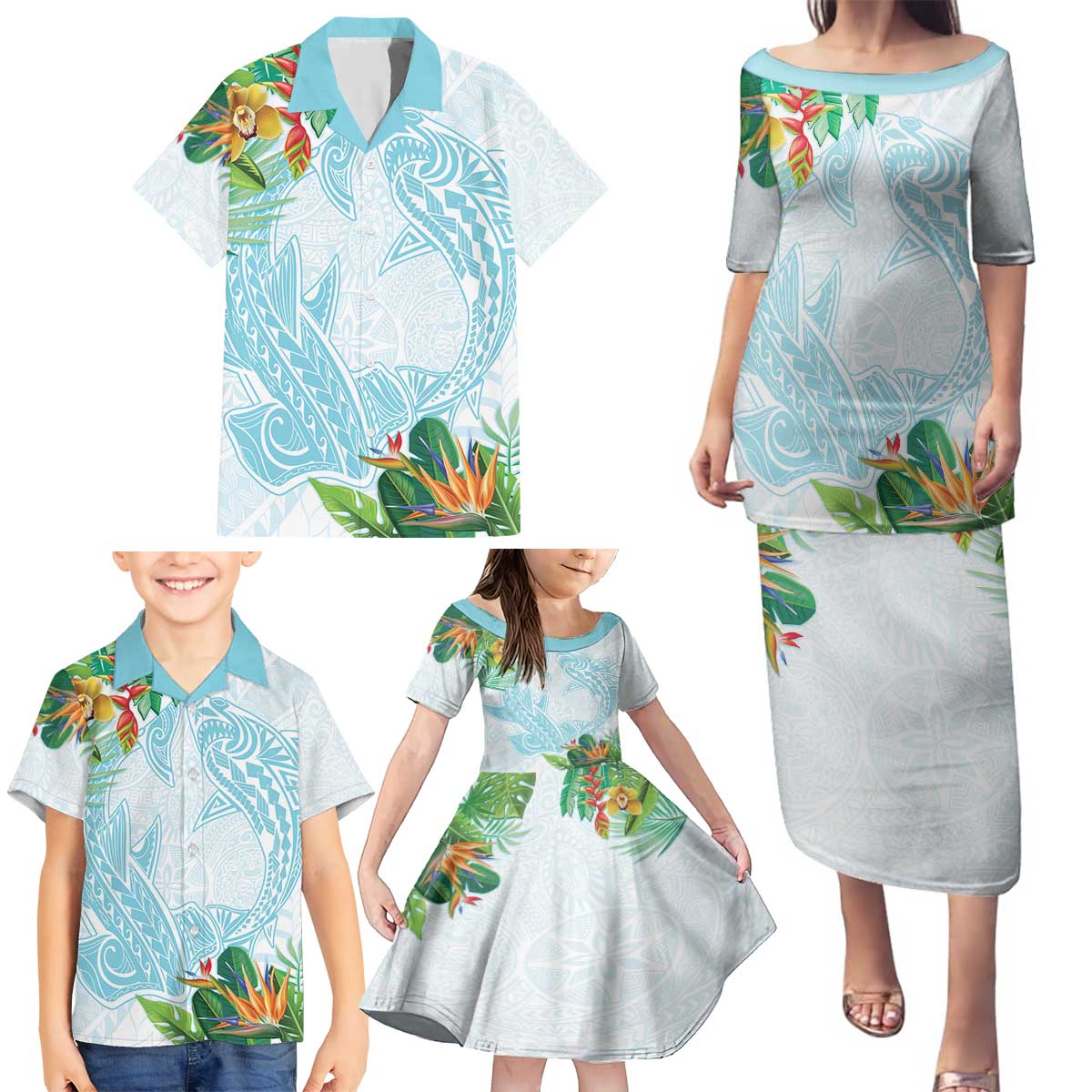Polynesia Family Matching Puletasi and Hawaiian Shirt Sharks Duo Tropical Turquoise LT7 - Polynesian Pride
