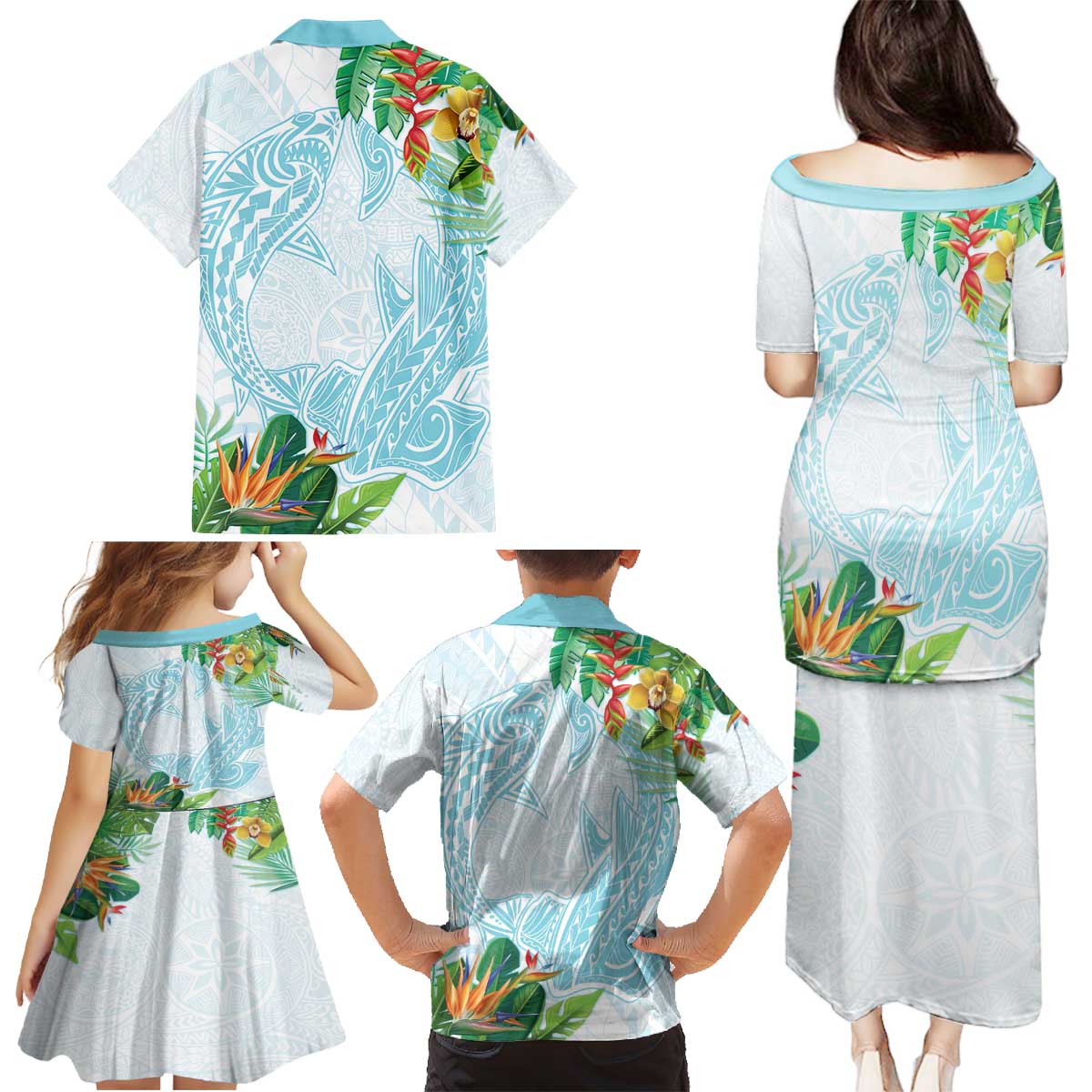 Polynesia Family Matching Puletasi and Hawaiian Shirt Sharks Duo Tropical Turquoise LT7 - Polynesian Pride