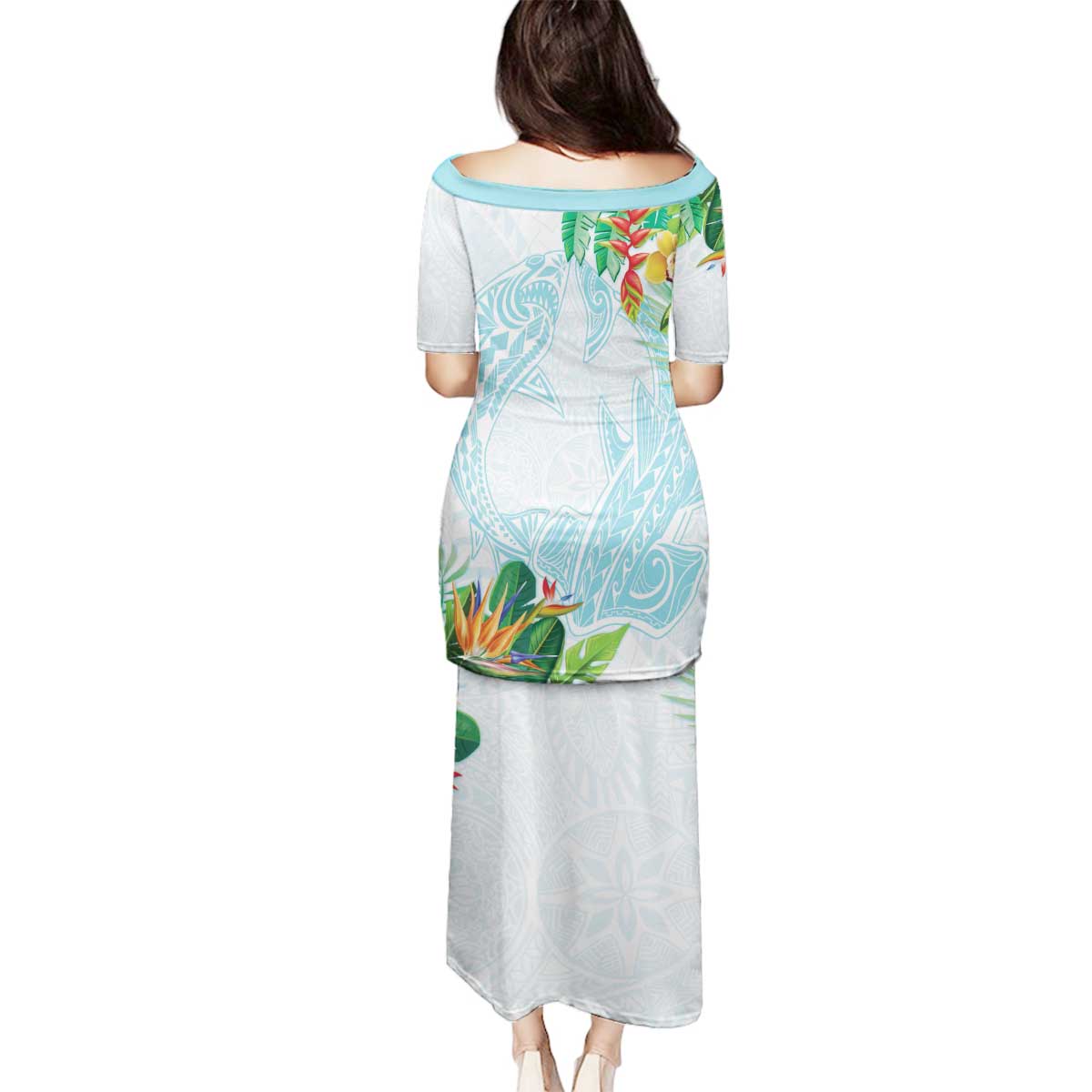 Polynesia Family Matching Puletasi and Hawaiian Shirt Sharks Duo Tropical Turquoise LT7 - Polynesian Pride