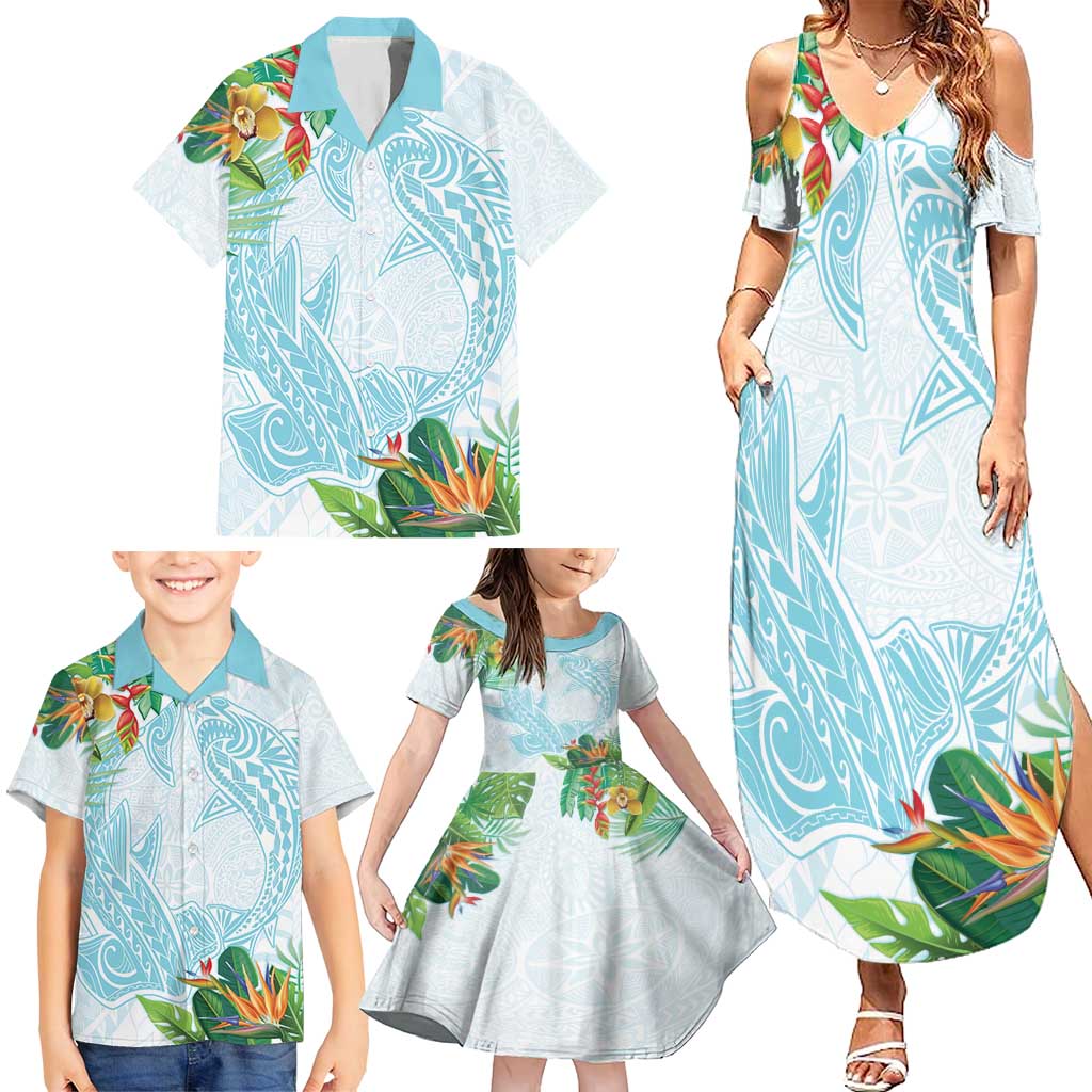 Polynesia Family Matching Summer Maxi Dress and Hawaiian Shirt Sharks Duo Tropical Turquoise