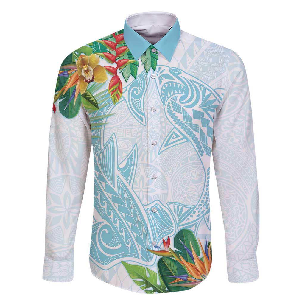 Polynesia Family Matching Summer Maxi Dress and Hawaiian Shirt Sharks Duo Tropical Turquoise LT7 Dad's Shirt - Long Sleeve Turquoise - Polynesian Pride
