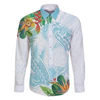 Polynesia Family Matching Summer Maxi Dress and Hawaiian Shirt Sharks Duo Tropical Turquoise LT7 Dad's Shirt - Long Sleeve Turquoise - Polynesian Pride