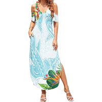 Polynesia Family Matching Summer Maxi Dress and Hawaiian Shirt Sharks Duo Tropical Turquoise LT7 Mom's Dress Turquoise - Polynesian Pride