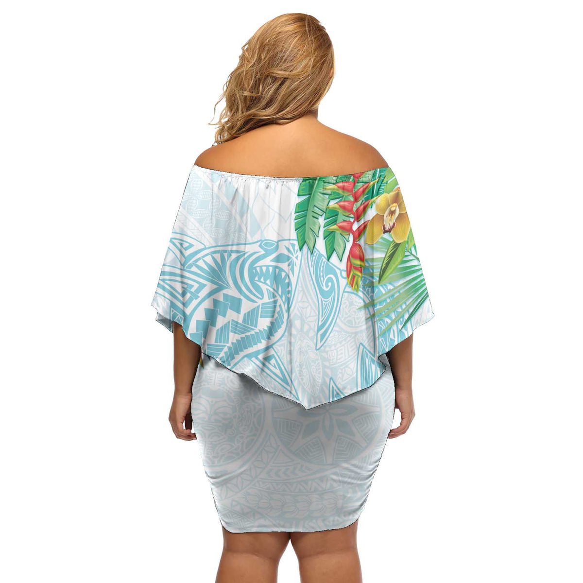 Polynesia Off Shoulder Short Dress Sharks Duo Tropical Turquoise LT7 - Polynesian Pride