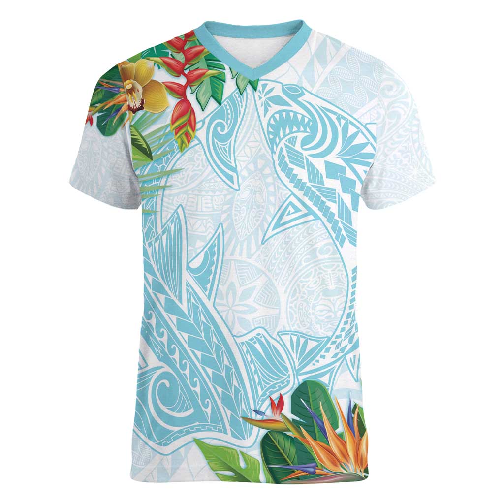Polynesia Women V-Neck T-Shirt Sharks Duo Tropical Turquoise