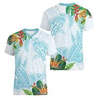 Polynesia Women V-Neck T-Shirt Sharks Duo Tropical Turquoise